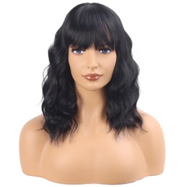 Short Black Wavy Bob Wig with Bangs Black Curly Wavy Wigs for Women Synthetic Shoulder Length Water Wave Wig Heat Resistant Wig for Daily Party Use