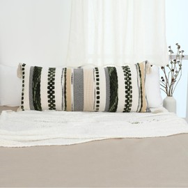 Labilin Boho Long Lumbar Pillow Covers 14x36 Farmhouse Decorative Cushion Case Geometric Pillows Cover Chenille Pillow Cases with Tassels Pillowcase for Sofa Couch Bed, Dark Green and Beige