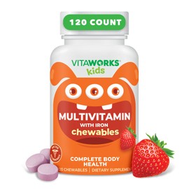 VitaWorks Kids Multivitamin with Iron & Minerals Chewable Tablets - Mixed Fruit Flavor - Vegetarian, GMO-Free, Nut Free - Dietary Supplement - Digestive Support for Children - 120 Chewables",