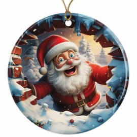 Santa Claus Breakout Christmas Ornament - 3D Breakout Santa Claus - 2.8" Round - Premium Glossy Ceramic with UV Printed Design - Gold String Included - Perfect Holiday Décor - BMCO0101