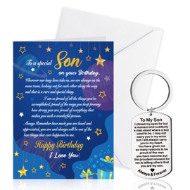 HOWAF Son Birthday Card Son Keyring from Mum Dad, Happy Birthday Card Son Birthday Cards for Son Keychain Engraved Son Christmas Card Gifts Son Gifts from Mum Dad Birthday Gifts for Son