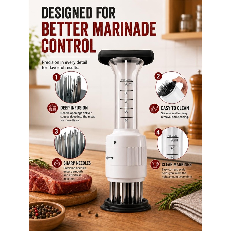 Meat Tenderizer & Marinade Injector Kit, Stainless Steel Food Flavor