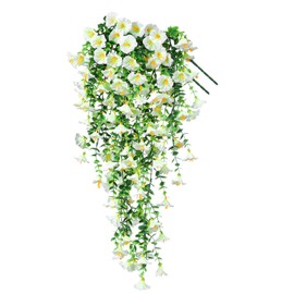 Yimingjin Artificial Fake Hanging Flowers Plants for Spring Decoration, 2PCS Silk Morning Glory Faux Flowers with Eucalyptus Leaves, UV Resistant Trailing Vines Outdoor Home Planter (White)