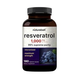 NatureBell- “Suplemento de Resveratrol 1000mg Por Porción, 180 Cápsulas Vegetarianas, TransResveratrol 99% Puro, Antiox