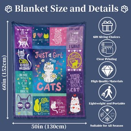 Just A Girl Who Loves Cats Throw Blankets, Cute Cat Gift Plush Flannel Blankets for Girls, Cozy Kawaii Cat Lover Kitten Fluffy Fleece Blanket for Teen Girls Women Birthday Gift Couch Decor, 50x60 inch