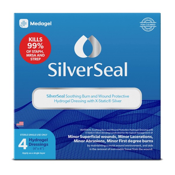 SilverSeal Burn and Wound Dressing | Hydrogel Pads with X-Static Silver | Soothing, Moist & Protective | Burns, Cuts & Wounds | 4 Sterile Dressings