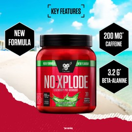 BSN Nutrition N.O.-Xplode Pre Workout Powder Food Supplement, Energy and Focus supportwith Caffeine, Amino Acids, Vitamin C and Zinc, Green Burst Flavour, 30 Servings, 390 g