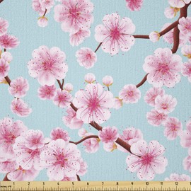 Ambesonne Cherry Blossom Fabric by The Yard, Inspirational Seasonal Flower Garden Arrangement in Pastel Color, Stretch Knit Fabric for Clothing Sewing and Arts Crafts, 2 Yards, Blue Redwood