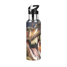 Dinosaur Water Bottle with Straw 3D T-Rex Lid Thermos Kids Boys Insulated Stainless Steel Water Flask Sports, 600ml Hot Cold