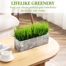 MyGift 14 Inch Artificial Green Grass Plant in Gray Marble Pattern Resin Ribbed Rectangle Planter, Faux Greenery Rectangular Cement Pot Centerpiece Home Décor