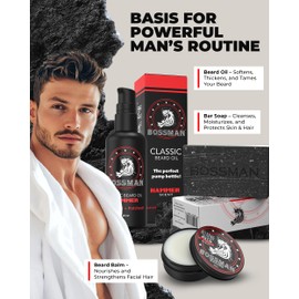 Bossman Starter Beard Kit for Men – Beard Oil (2 oz), Beard Balm & Bar Soap – Natural & Organic Grooming Kit – Made in the USA (Hammer Scent)