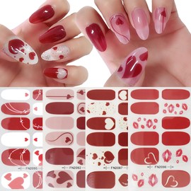 Valentine's Day Nail Wraps Stickers Adhesive Nail Art Stickers Rose Red Heart Lip Nail Polish Stickers Full Wraps Nail Art Strips Decals for Women Valentine Party Manicure Decor(4 Sheets)