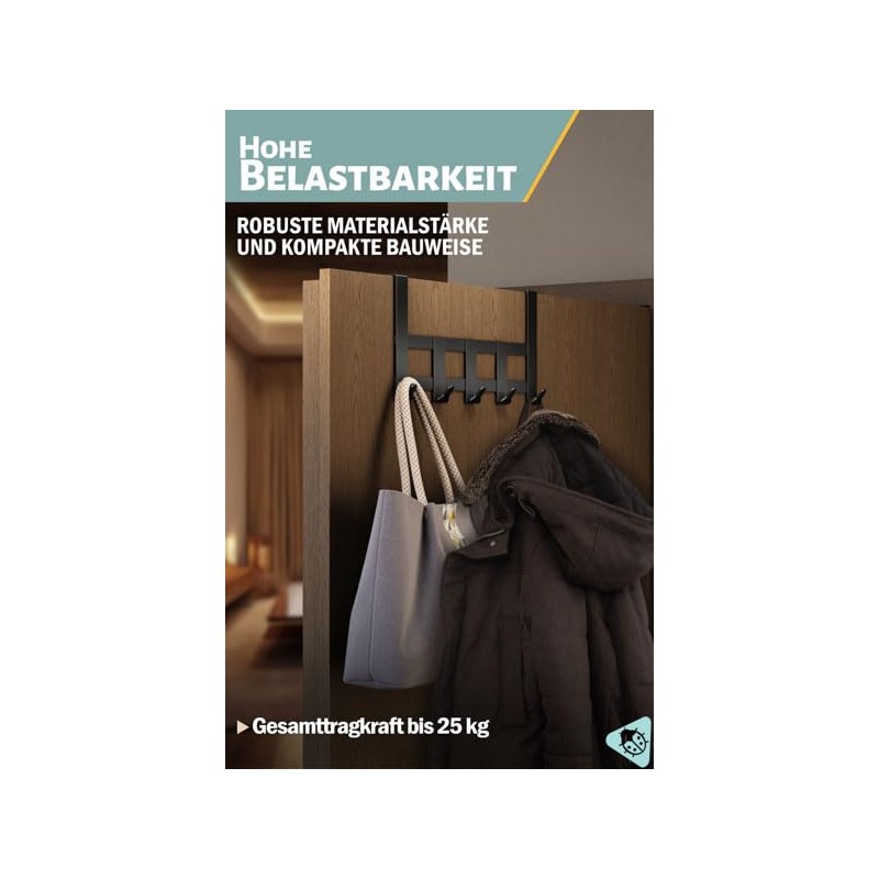 Menz Premium Door Coat Rack, 5 Hooks - Black Door