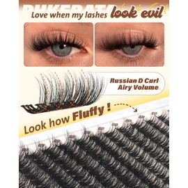 PHKERATA Fluffy Lash Clusters Wispy Eyelash Clusters, D Curl Cluster Eyelash Extensions, Light Volume Individual Lashes Cluster with Soft Thin Band, 10-16mm, 144Pcs
