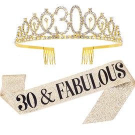 30th Birthday Sash, Gold Happy Birthday Girl Sash and Crown Set, Thirty Years Old Decorations for Women Birthday Supplies