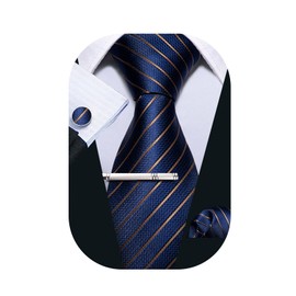 Barry.Wang Gold Stripe Tie Set Blue Pocket Square Cufflinks Men Silk Necktie Formal