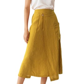 IDEALSANXUN Linen Skirts for Women 2025 Summer Casual Cotton Wrap Elastic High Waisted Midi Skirts with Pockets, Yellow, M