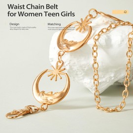 FIORETTO Chain Belt for Women Metal Belts Fashion Waist Belts for Dress Moon Star Gold Length 39in