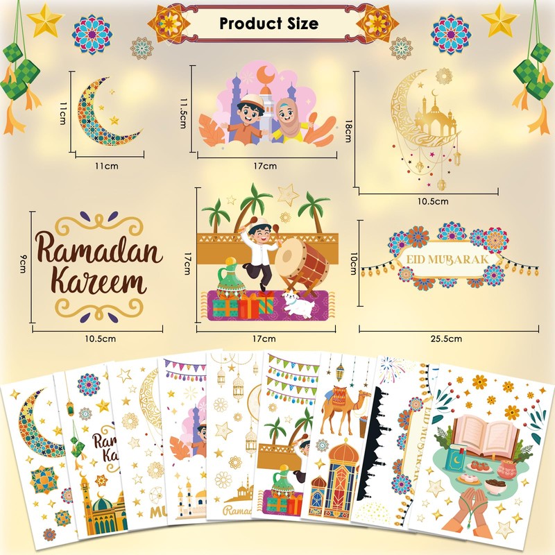 AhfuLife Ramadan Mubarak Window Stickers, 9 Sheets Reusable Eid Mubarak