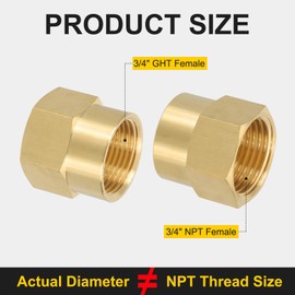 PATIKIL 3/4" NPT Female x 3/4" GHT Female Brass Pipe Fitting, Pipe Extension Connectors Reducer Adapter for Air LP Gas with PTFE Tape - 2PCS