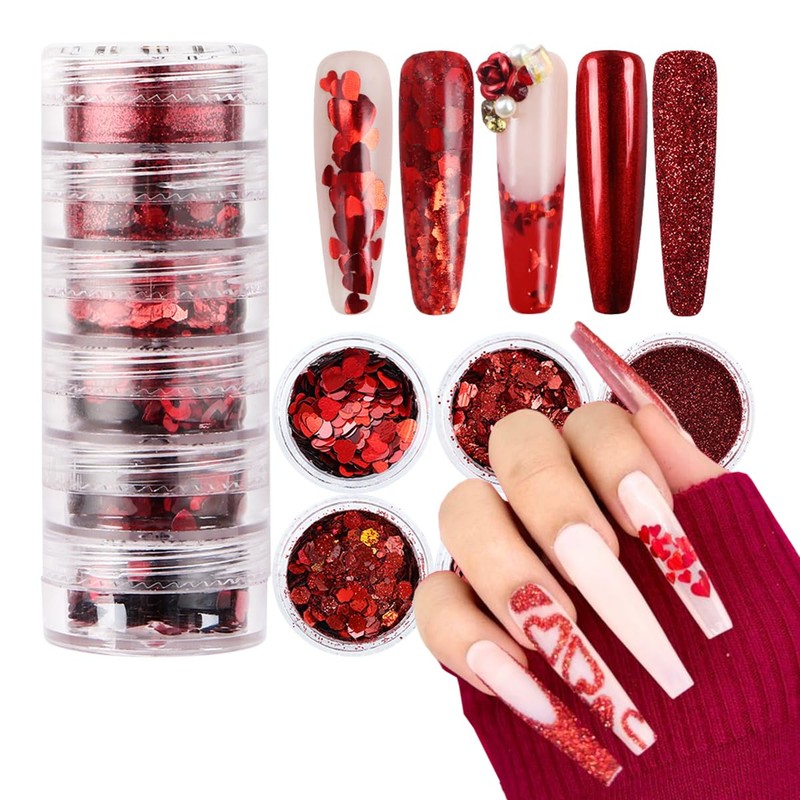 6 Boxes Valentine’s Day Nail Glitters Sequins Laser Red Heart