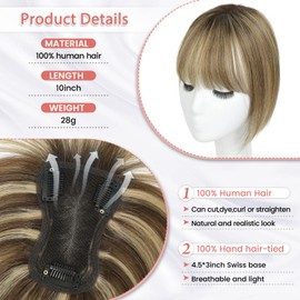 Lasunork Hair Toppers for Women Human Hair Topper Clip in Fringe Hand-woven Swiss Base Hair Topper (Medium Brown Mix Blonde with Dark Brown Root)