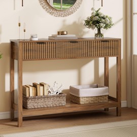 Nasonet Fluted Console Table, Wooden Sofa Table with Storage and Drawers, Behind Couch Table Modern Entryway Table for Entrance, Hallway, Living Room, Brown