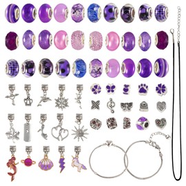 63 Pcs Bracelet Making Kit Big Hole Beads with Metal Charms and Chains for Jewelry Making DIY Project (Purple)