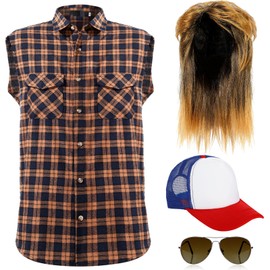 Blonde Mullet Wig for Men 70S 80S Rock Disco Star Costume Sleeveless Plaid Shirt Metal Frame Blonde Sunglasses Vintage Hat(X-Large)