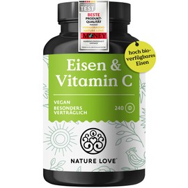 Nature Love NATURE LOVE® Eisentabletten mit Vitamin C - 240 Stück - 20mg Eisen und 40mg Vitamin C pro Tablette - Hoch bioverfügbares Eisen-bisglycinat (Eisen-Chelat) - vegan, in Deutschland produziert