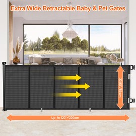 Upgrade 120 inch Retractable Baby Gates, EZIGO Extra Wide Baby Gate for Large Openings Extra Long Baby Gates for Kids or Dog Gate Child Safety Gate for Stairs Hallways Doorway Indoor Outdoor, Black