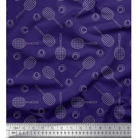 Soimoi Purple Moss Georgette Fabric Tennis Ball & Racket Sports Print Sewing Fabric metre 42 Inch Wide