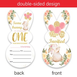 LyoGao Bunny 1st Birthday Party Bunny Shaped Invitations - Some Bunny Is Turning One Floral Bunny Theme First Birthday Party Fill in Invites Cards with Envelopes (Set of 20)