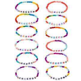 Children's Friendship Bracelets Pack of 12 Girls Inspirational Letter Beads Bracelets Colourful Beads Woven Bracelets Beads Stretch Friendship Bracelets for Birthday Party Favours