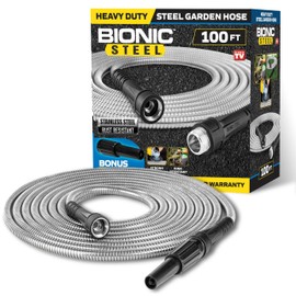 BIONIC STEEL 100 Ft Metal Garden Hose with Sprayer Nozzle, Non Kinking Designed Stainless Steel Heavy Duty Water Hose 100 Ft x 5/8 in. Flexible NON Expandable for Uninterrupted Water Flow, 500 PSI