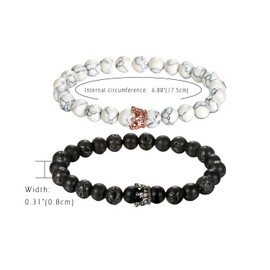 Couple Black Matte Agate & White Howlite CZ Crown Queen 8mm Beads Bracelet,Cupimatch His and Her Couple Bracelets 7.5"