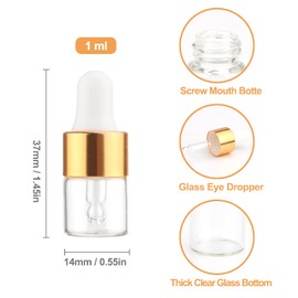 15Pcs Glass Essential Oil Dropper Bottles Clear Mini 1ml/2ml/3ml Perfume Dropping Bottle Cosmetic Sample Vials with Gold Cap and White Latex