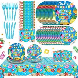 Jingmore 121 Pcs Goodbye School Hello Pool Party Tableware Set End of School Year Party Decorations Includes Plates Napkins Forks Knives Disposable Tablecloth for 24 Guests Pool Disposable Favors