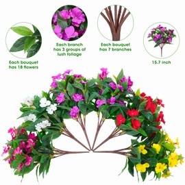 Ouddy Decor 6 Bundles Artificial Impatiens Flowers for Outdoors Decoration, Silk Flowers Bouquet Fake Plants UV Resistant for Spring Summer Garden Porch Window Box Balcony Home Decor, Multicolor