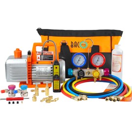 BACOENG 4.5CFM AC Vacuum Pump and Gauge Set, 4-Way HVAC Vacuum Pump Kit with Leak Detector for R134a R22 R410a Refrigerants AUTO/Mini Split Vacuum System, with Can Tap and Quick Couplers
