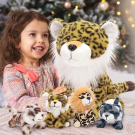 MaoGoLan 5 Pcs Cheetah Stuffed Animals with Babies, Large Leopard Plushies Toys,Mother and Baby Cheetah Stuffed Animal,Leopard Plush with 4 Cubs for Kids, Christmas Birthday Gifts Sitting Style