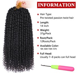 Xtrend 8 Packs Pre-twisted Passion Twist Crochet Hair 14 Inch Natural Black Pre-looped Crochet Braids Hair For Women Bohemian Synthetic Passion Braiding Hair Extension (8packs, T30#)