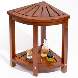 Axeman Space-Saving Teak Shower Stool with Storage Shelf - 12" Corner Shower Bench for Small Spaces - Waterproof 2-Tier Design for Shaving, Bathing & More (350lb Capacity)
