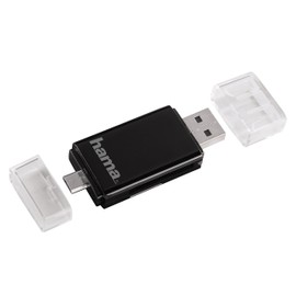 Hama 2-in-1 Card Reader (Card Reader for Standard USB 2.0, OTG Function, SD/MicroSD, Memory Card Reader with Protective Caps) Black