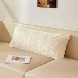14x36 Fluffy Faux Fur Lumbar Throw Pillow Cover, Shaggy Fuzzy Cozy Ivory Lumbar Support Pillowcase with Zipper, Farmhouse Furry Cream Long Pillow Case for Bedroom Living Room Couch Sofa, Beige