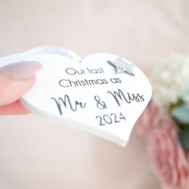 Our Last Christmas As Mr & Miss 2024 Newly Engaged Xmas Tree Keepsake. Hanging Couple Fiancee Ornament. Xmas Decoration White silver