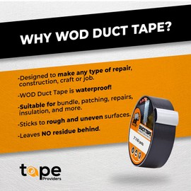WOD DTC10 Advanced Strength Industrial Grade Black Duct Tape, 1/2 inch x 60 ft. Waterproof, UV Resistant For Crafts & Home Improvement