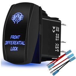 Waterproof Front Differential Lock Rocker Switch On-Off 12V/20A 24V/10A 5Pin SPST Toggle Switch Blue Backlit, with Jumper Wires Set for Marine Boat Car Truck Trailer 4x4 Caravan RV SUV ATV UTV