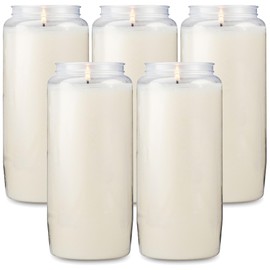 Rambue 6 Day Memorial Candles, 5 Pack - 6” White Prayer Candles for Religious Ceremony, Shiva, Emergency Candles - Long Burning Vegetable Wax in Plastic Jars