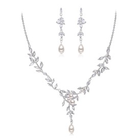EVER FAITH Cubic Zirconia Bridal Jewellery Set for Wedding, Marquise CZ White Gold Plated Simulated Pearl Vine Leaf Necklace Dangle Earrings Set, Cubic Zirconia, Cubic Zirconia